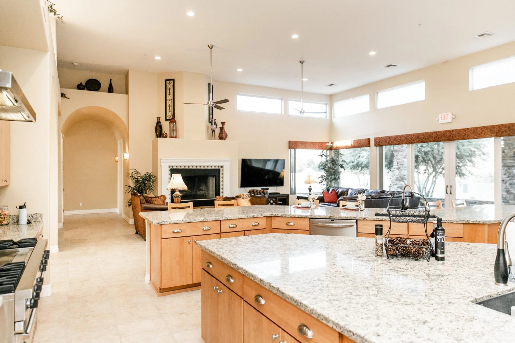 View from the kitchen island across to the fireplace and great room